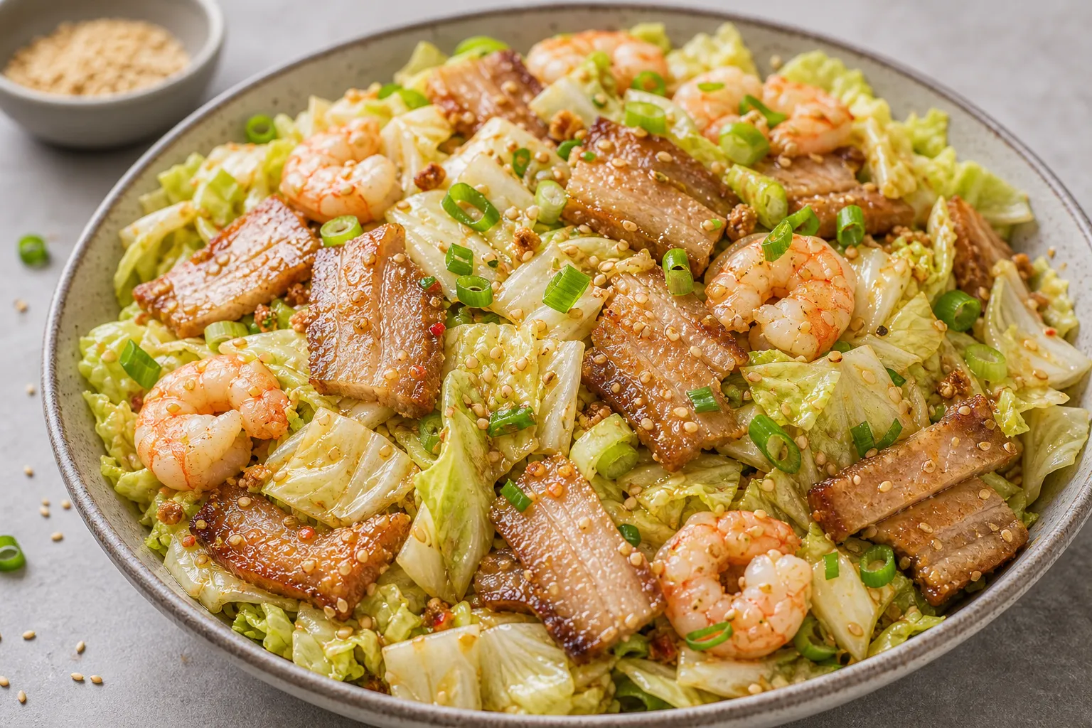 Fertiger Keto Asia-Salat mit Schweinebauch und Garnelen, Sesam und Frühlingszwiebeln garniert