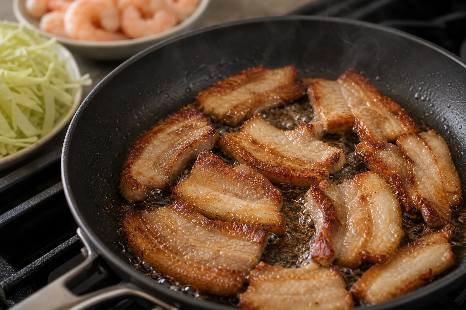 Schweinebauchscheiben in der Pfanne bei hoher Hitze knusprig anbraten