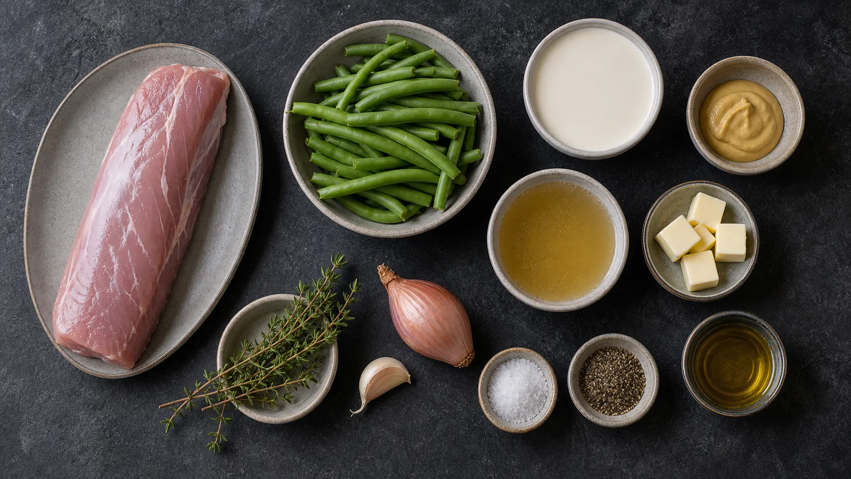 Zutaten für Keto-Schweinefilet: Schweinelende, Dijon-Senf, Sahne, grüne Bohnen, Butter und Schalotte
