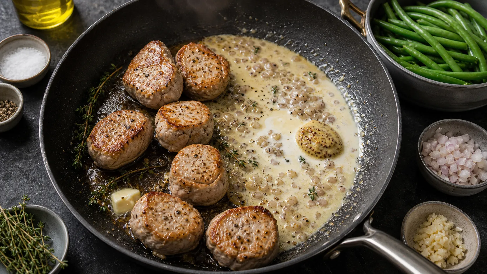 Schweinefilet-Medaillons braten in der Pfanne an, daneben köchelt die Senf-Sahne-Sauce