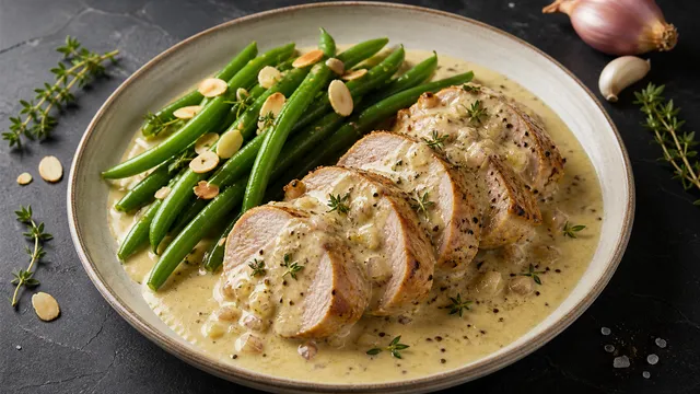 Zarte Schweinefilet-Medaillons in cremiger Senf-Sahne-Sauce mit grünen Bohnen auf einem Teller