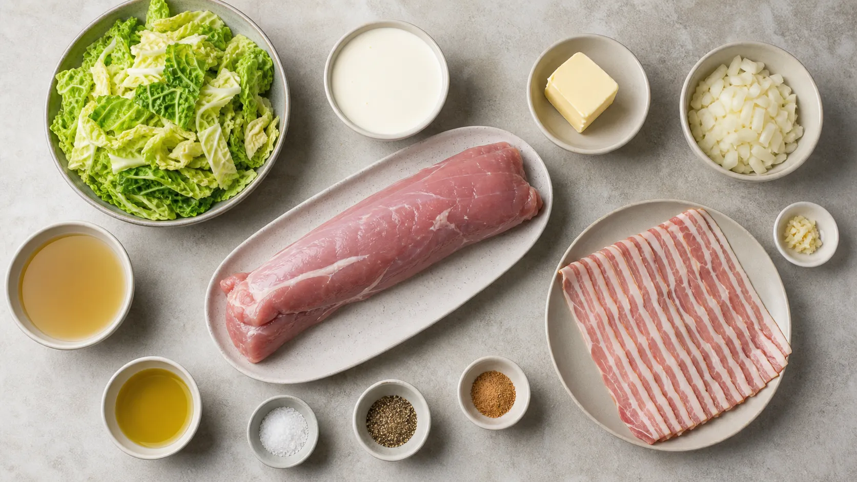 Zutaten für Schweinefilet im Speckmantel mit Rahmwirsing: Filet, Speckscheiben, Wirsing, Sahne, Butter, Zwiebel und Knoblauch