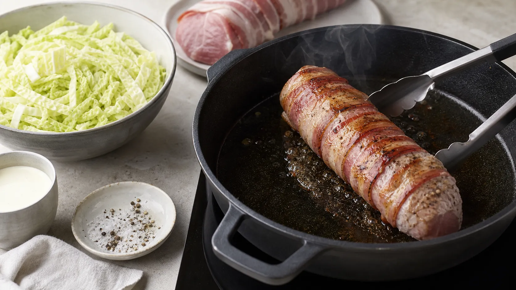Mit Speck umwickeltes Schweinefilet brät in einer Pfanne an, daneben geschnittener Wirsing