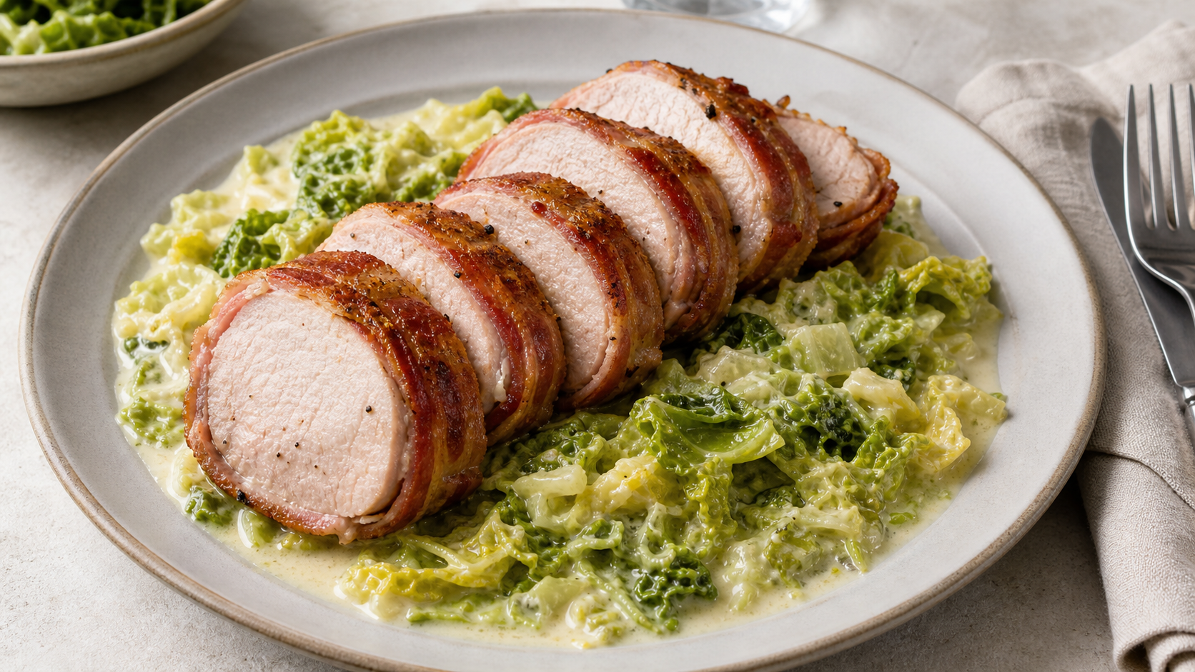 Aufgeschnittenes Schweinefilet im knusprigen Speckmantel auf cremigem Rahmwirsing auf einem Teller