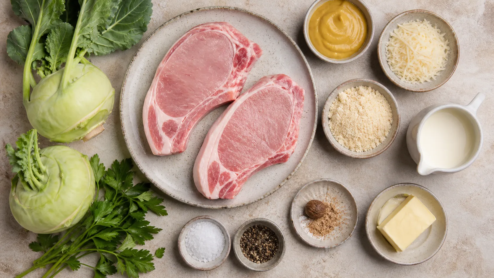 Zutaten: zwei Schweinekoteletts, Senf, Parmesan, gemahlene Mandeln, Kohlrabi, Sahne, Butter und Petersilie