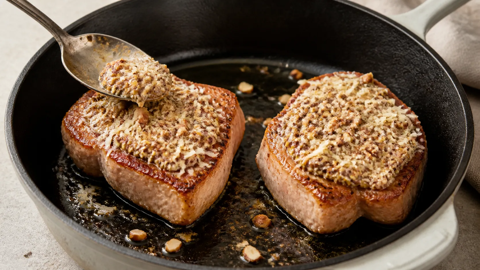 Angebratene Schweinekoteletts mit aufgestrichener Senf-Parmesan-Kruste in einer ofenfesten Pfanne