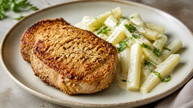 Schweinekotelett mit goldbrauner Parmesan-Senfkruste neben Kohlrabi in Sahnesauce auf einem Teller