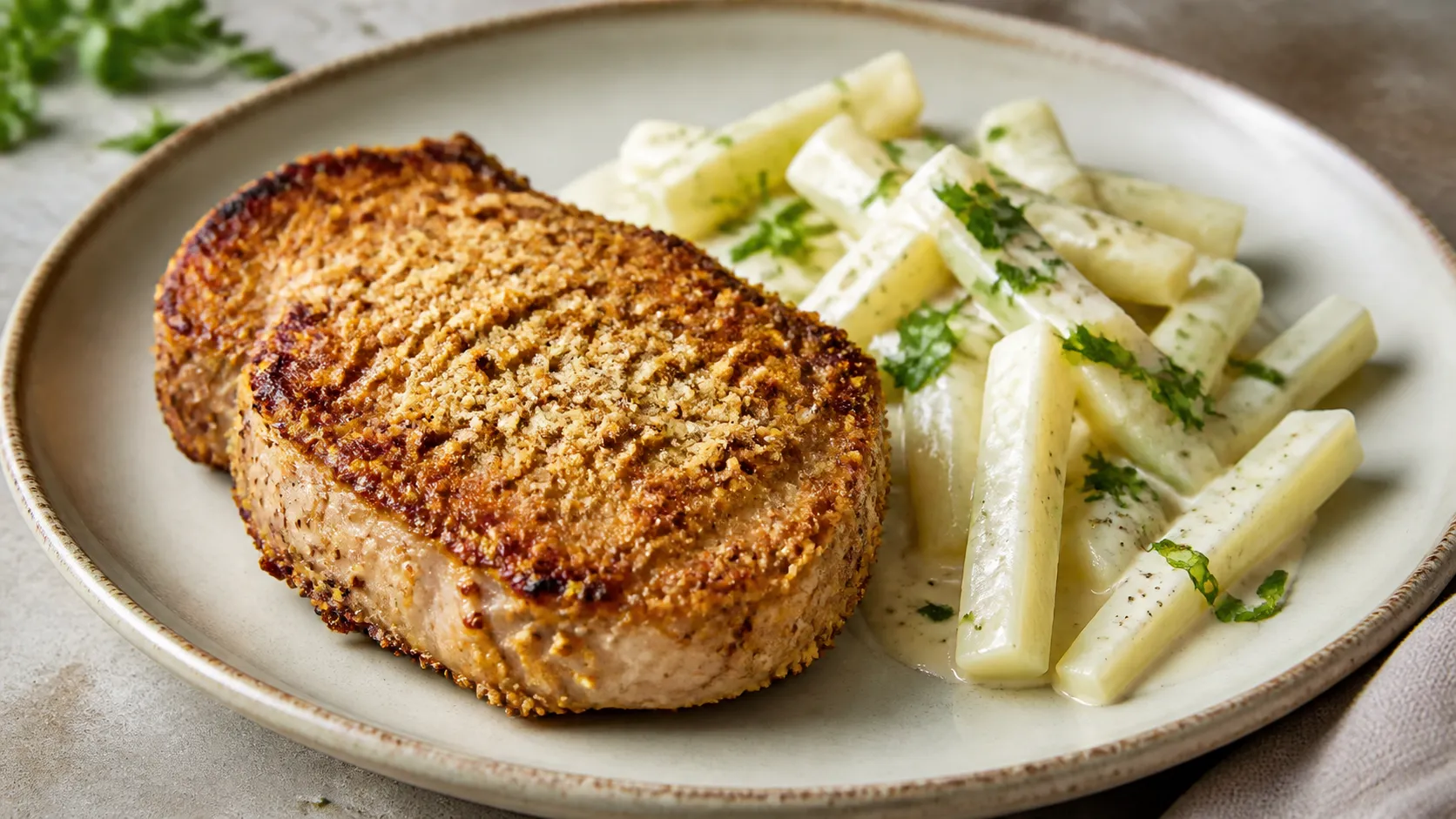 Schweinekotelett mit goldbrauner Parmesan-Senfkruste neben Kohlrabi in Sahnesauce auf einem Teller