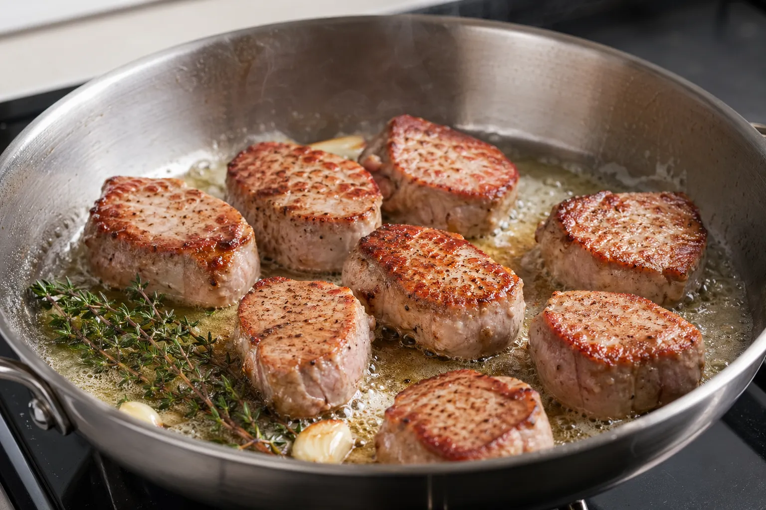 Schweinefiletmedaillons scharf in Butter anbraten für das Keto-Rezept