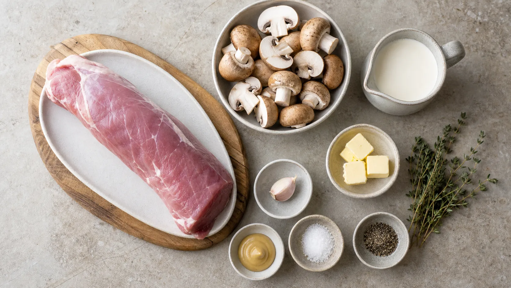 Zutaten für Keto Schweinemedaillons mit Schweinefilet, Champignons, Sahne, Butter und Thymian