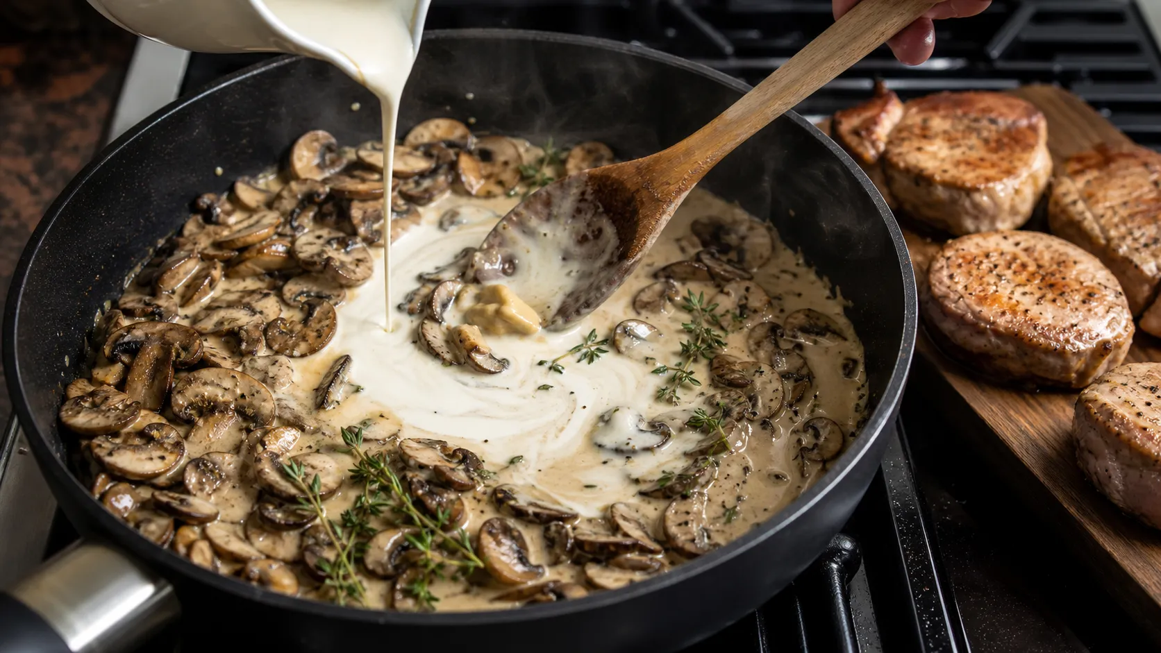 Champignons und Sahne werden in der Pfanne zur Rahmsauce für Keto Schweinemedaillons verrührt