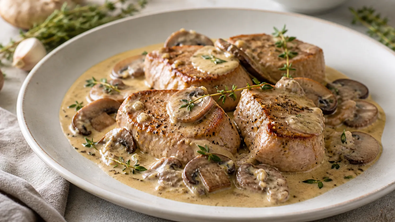 Keto Schweinemedaillons in cremiger Champignon-Rahmsauce mit Thymian auf einem Teller