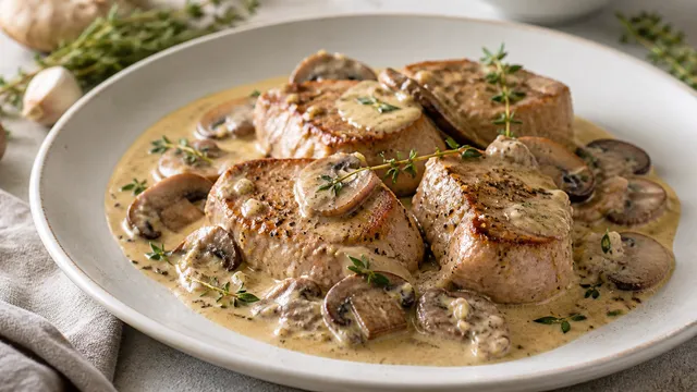 Keto Schweinemedaillons in cremiger Champignon-Rahmsauce mit Thymian auf einem Teller