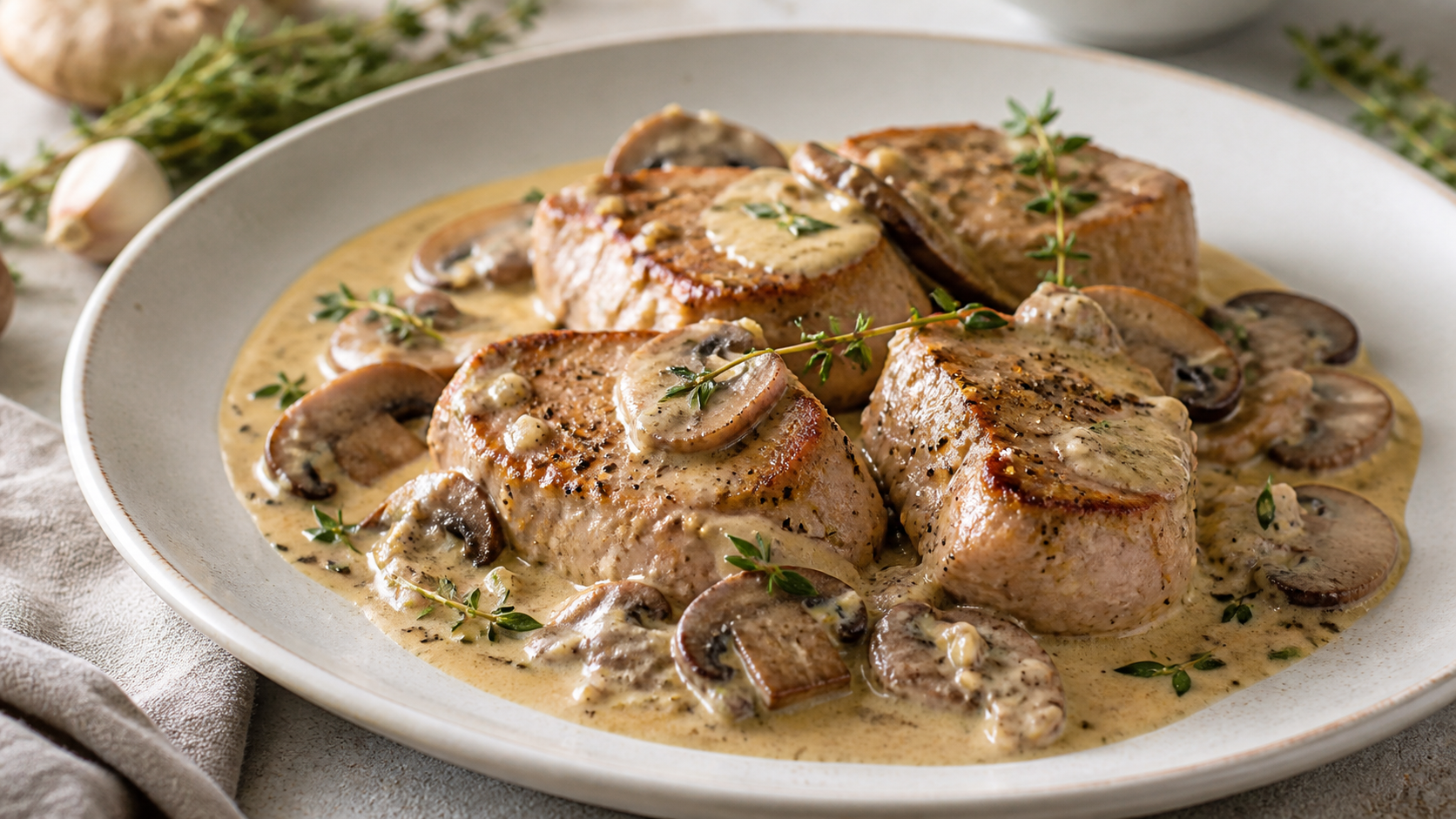 Keto Schweinemedaillons in cremiger Champignon-Rahmsauce mit Thymian auf einem Teller
