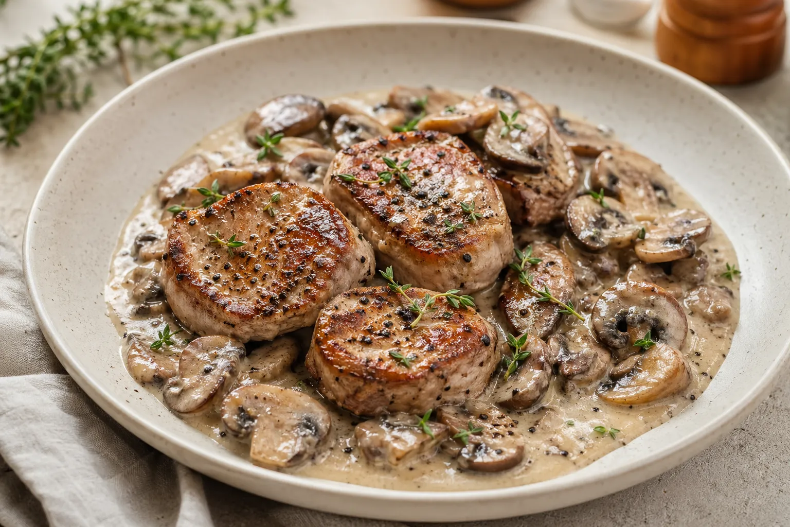 Keto Schweinemedaillons mit cremiger Champignon-Rahmsauce auf dem Teller angerichtet, garniert mit frischem Thymian