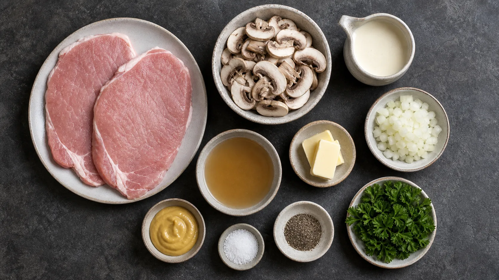Zutaten für Keto-Schweineschnitzel in Champignonrahm: Schweineschnitzel, Champignons, Sahne, Zwiebel und Butter