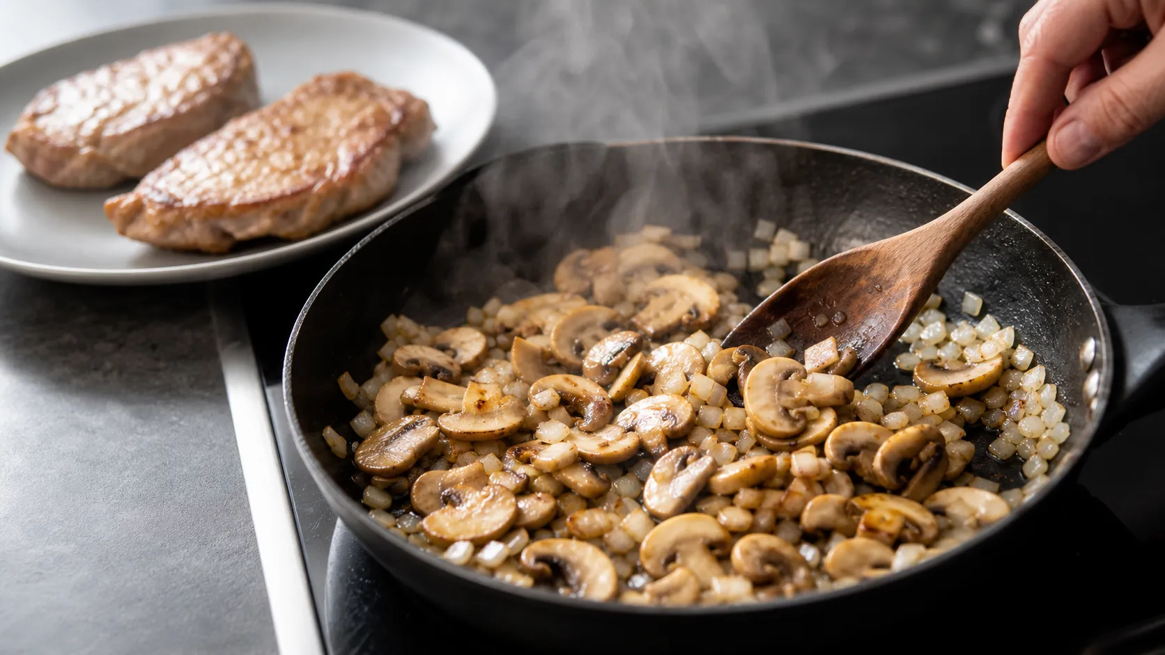 Champignons werden in der Pfanne angebraten, daneben das gebratene Schnitzel für die Rahmsauce