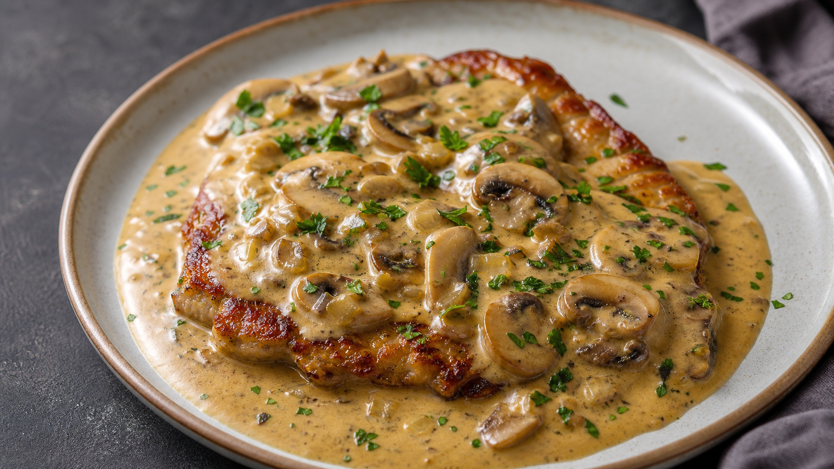 Saftiges Keto-Schweineschnitzel in cremiger Champignonrahmsauce mit Petersilie auf einem Teller