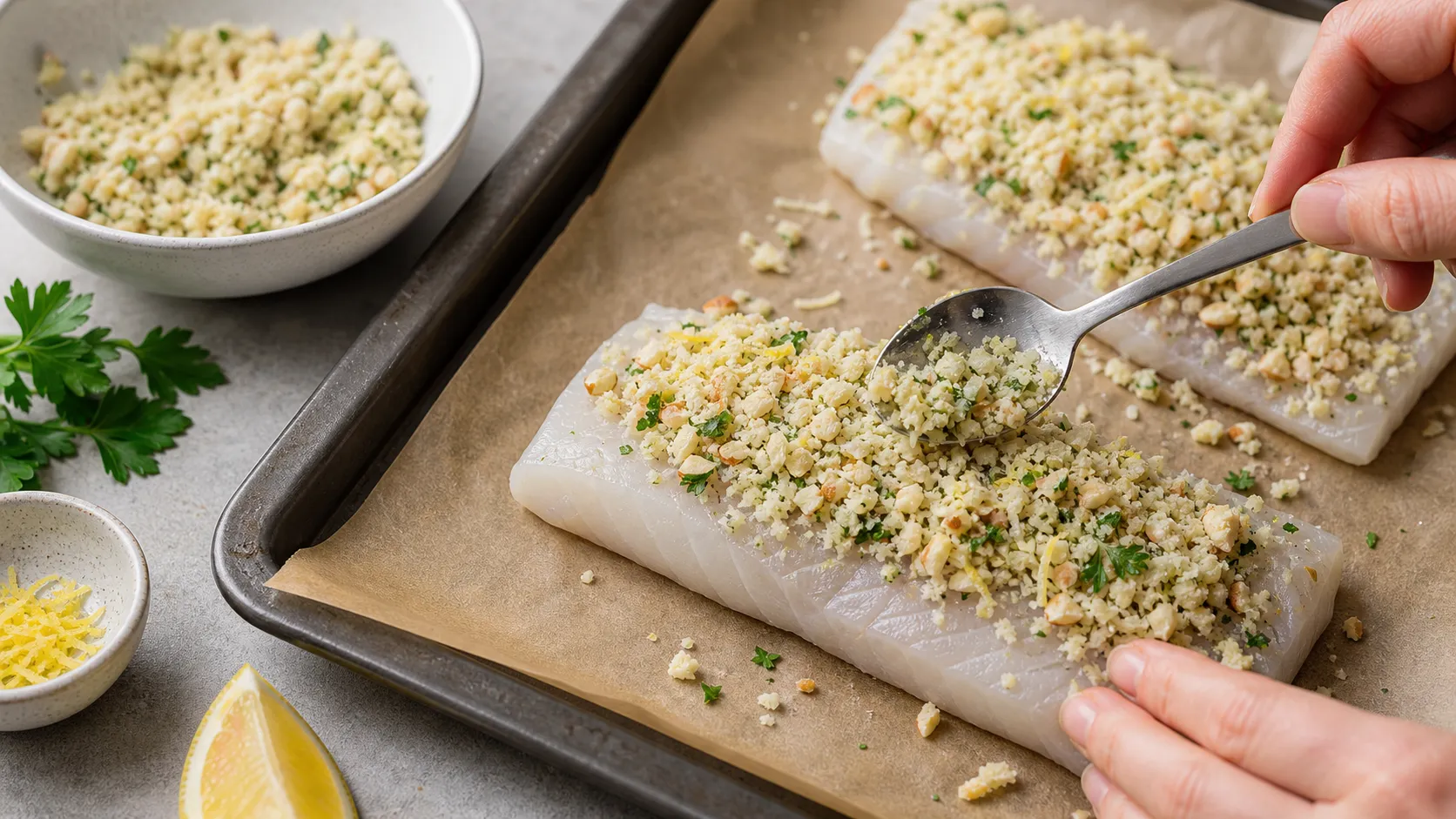 Mandel-Parmesan-Kruste wird auf Seelachsfilet für Keto Seelachs mit Mandelkruste verteilt