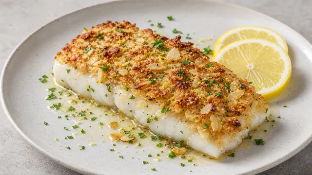 Keto Seelachsfilet mit goldbrauner Mandel-Parmesan-Kruste, Petersilie und Zitrone