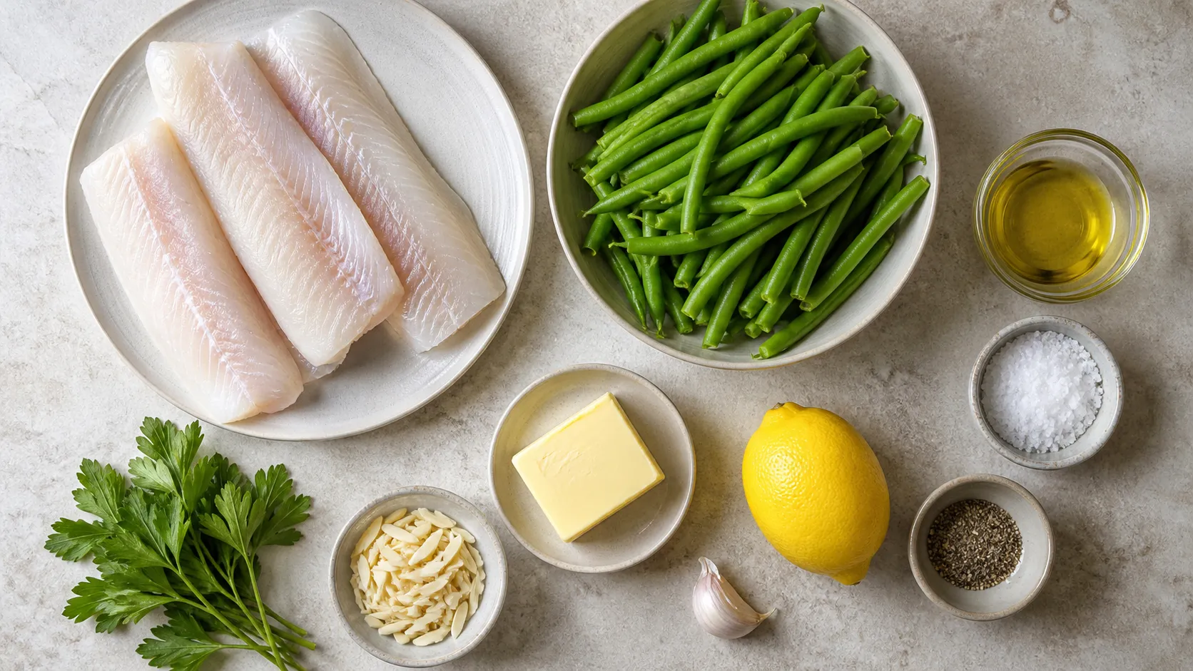 Zutaten: Seelachsfilet, grüne Bohnen, Butter, Zitrone, Knoblauch und Mandelblättchen