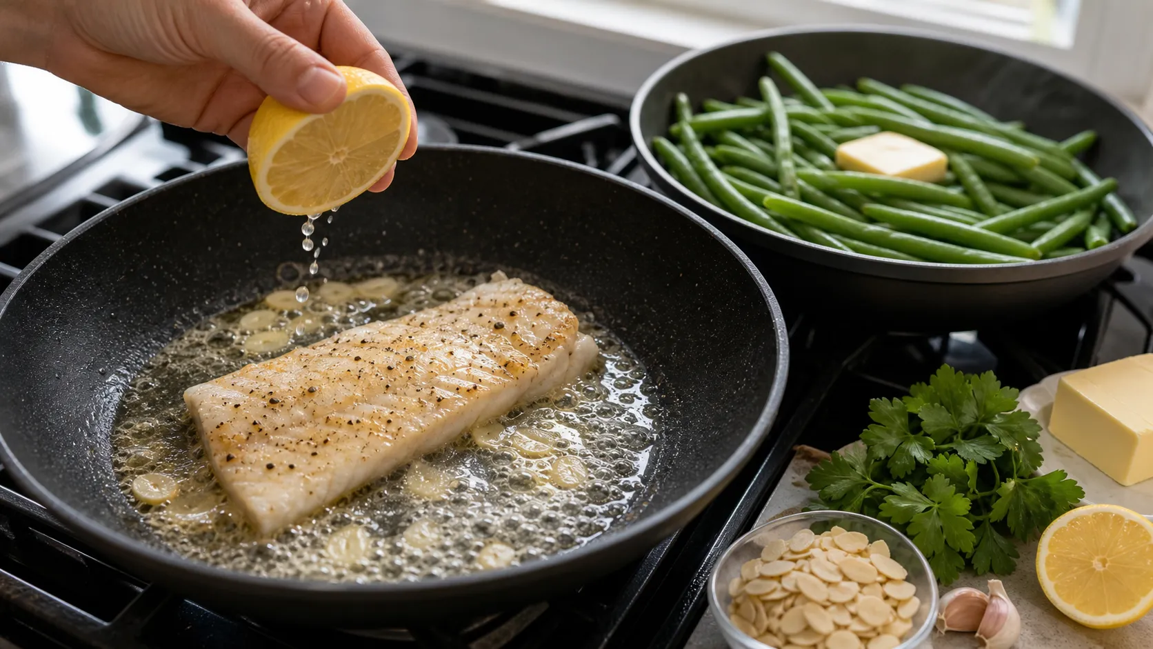 Seelachsfilet brät in der Pfanne, daneben grüne Bohnen mit Butter
