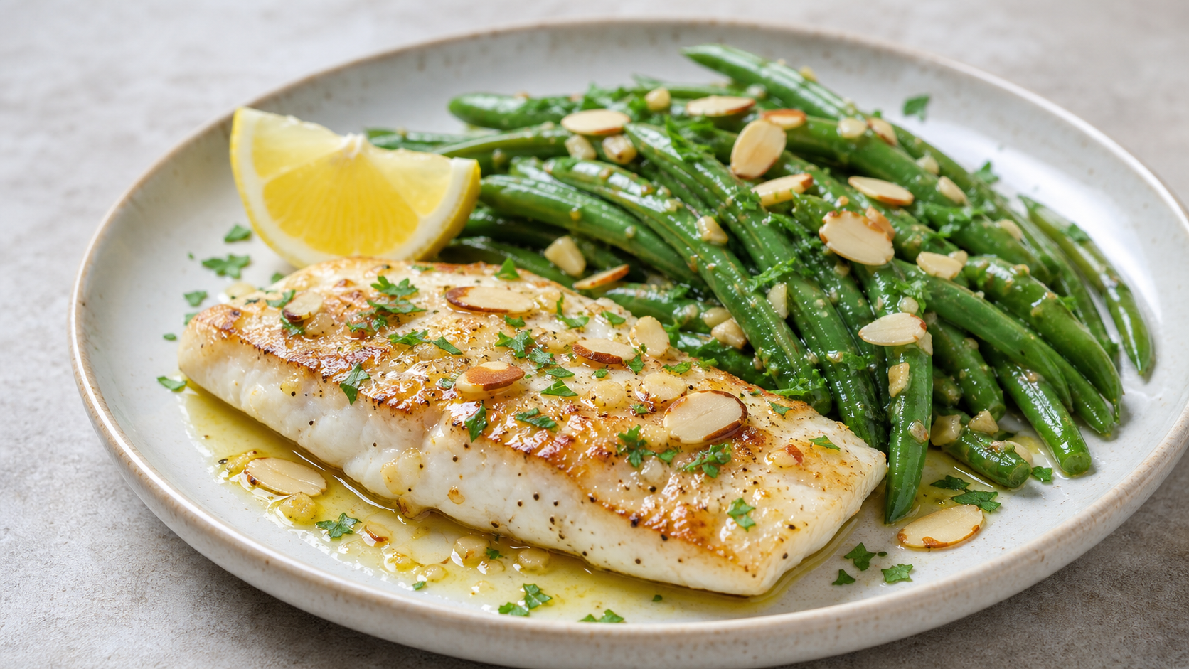 Gebratenes Seelachsfilet mit glänzender Zitronenbutter und grünen Bohnen mit Mandelblättchen auf einem Teller