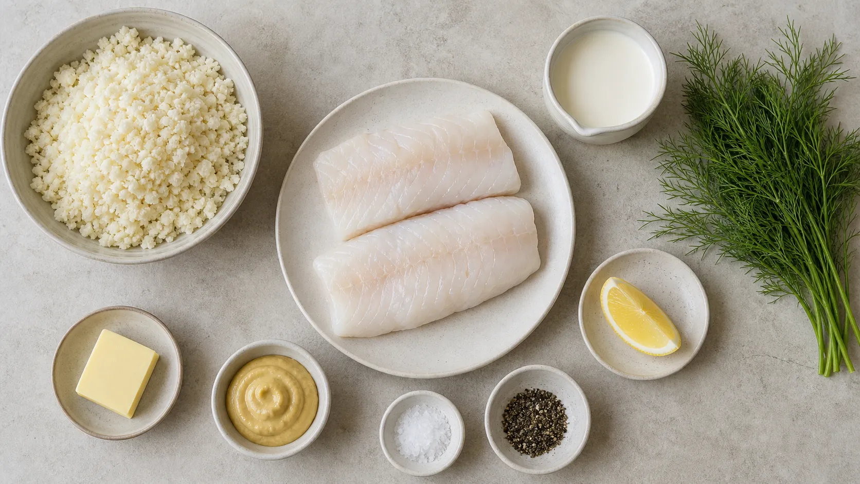 Zutaten: Seelachsfilet, Sahne, Dijon-Senf, frischer Dill, Blumenkohlreis, Butter und Zitrone