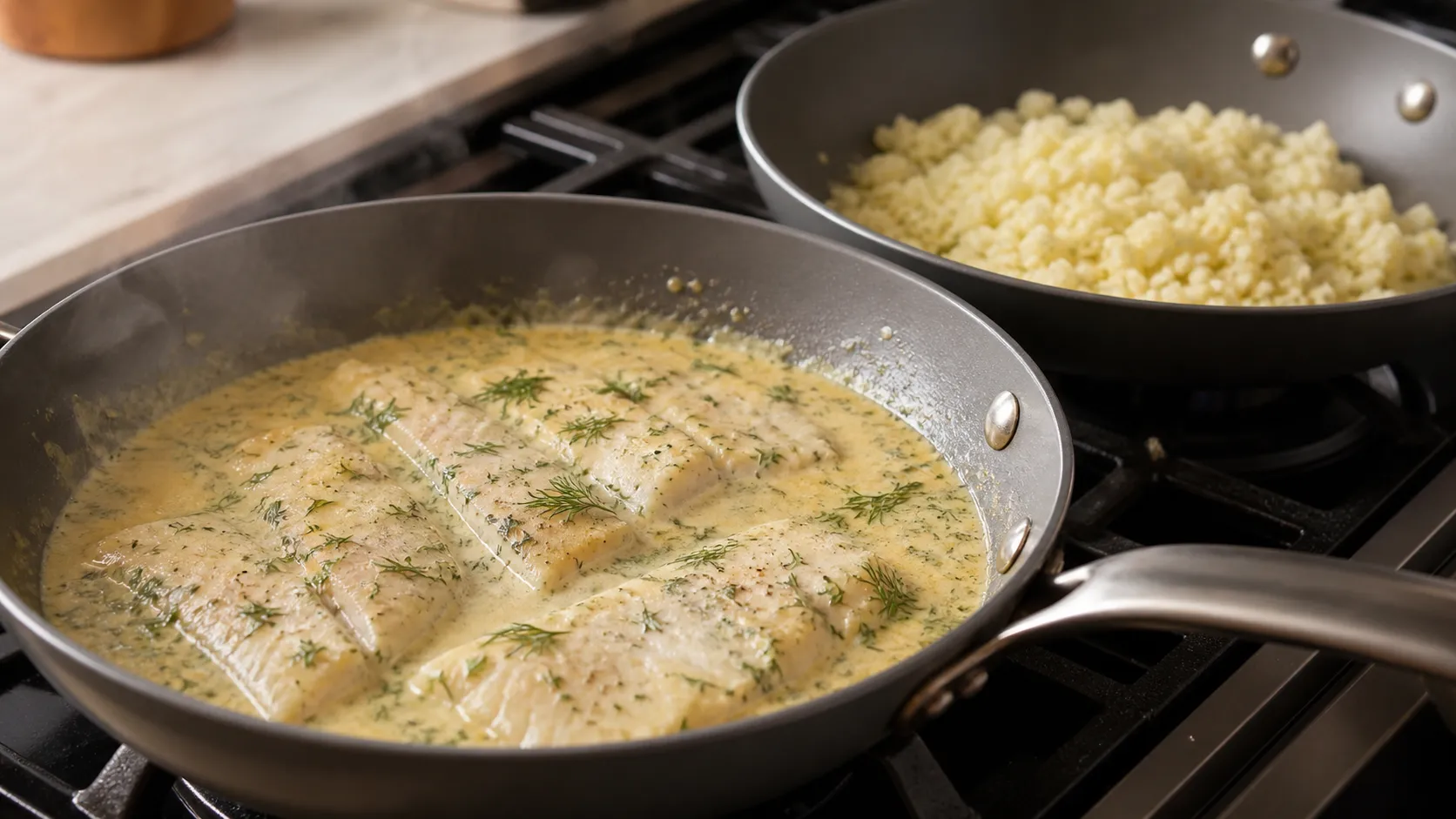 Seelachsfilet gart in cremiger Senf-Dill-Sauce in der Pfanne neben angebratenem Blumenkohlreis