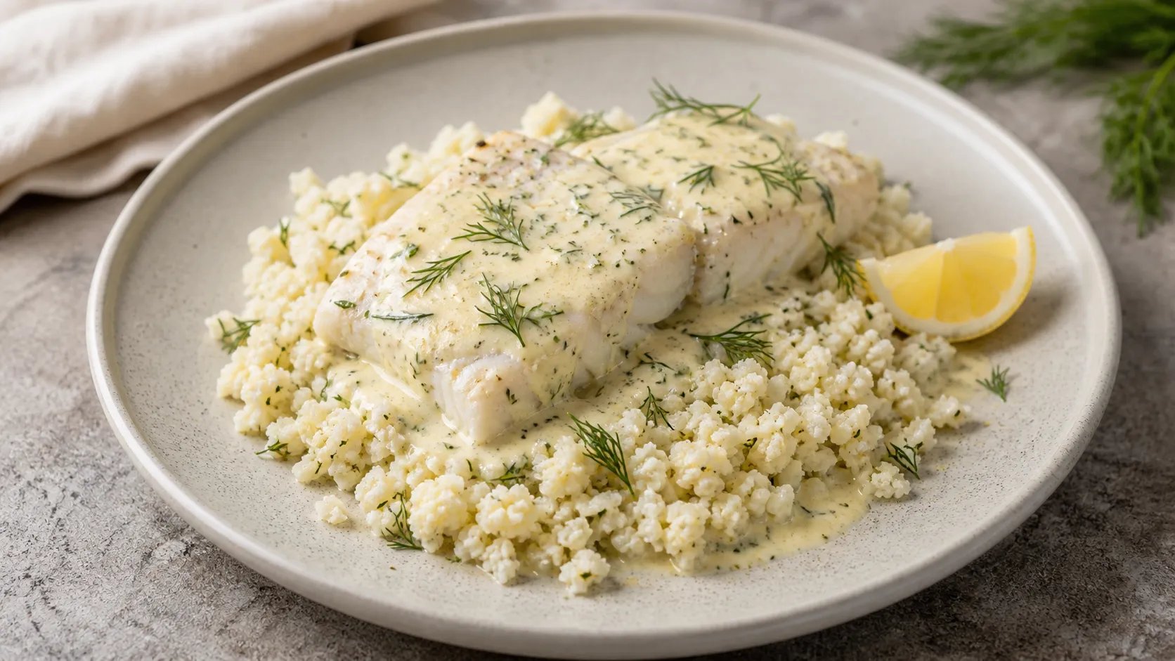 Seelachsfilet in cremiger Senf-Dill-Rahmsauce auf Blumenkohlreis, garniert mit frischem Dill