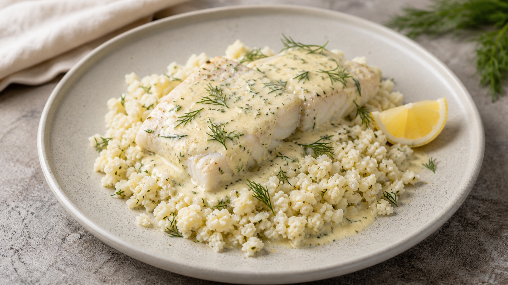 Seelachsfilet in cremiger Senf-Dill-Rahmsauce auf Blumenkohlreis, garniert mit frischem Dill