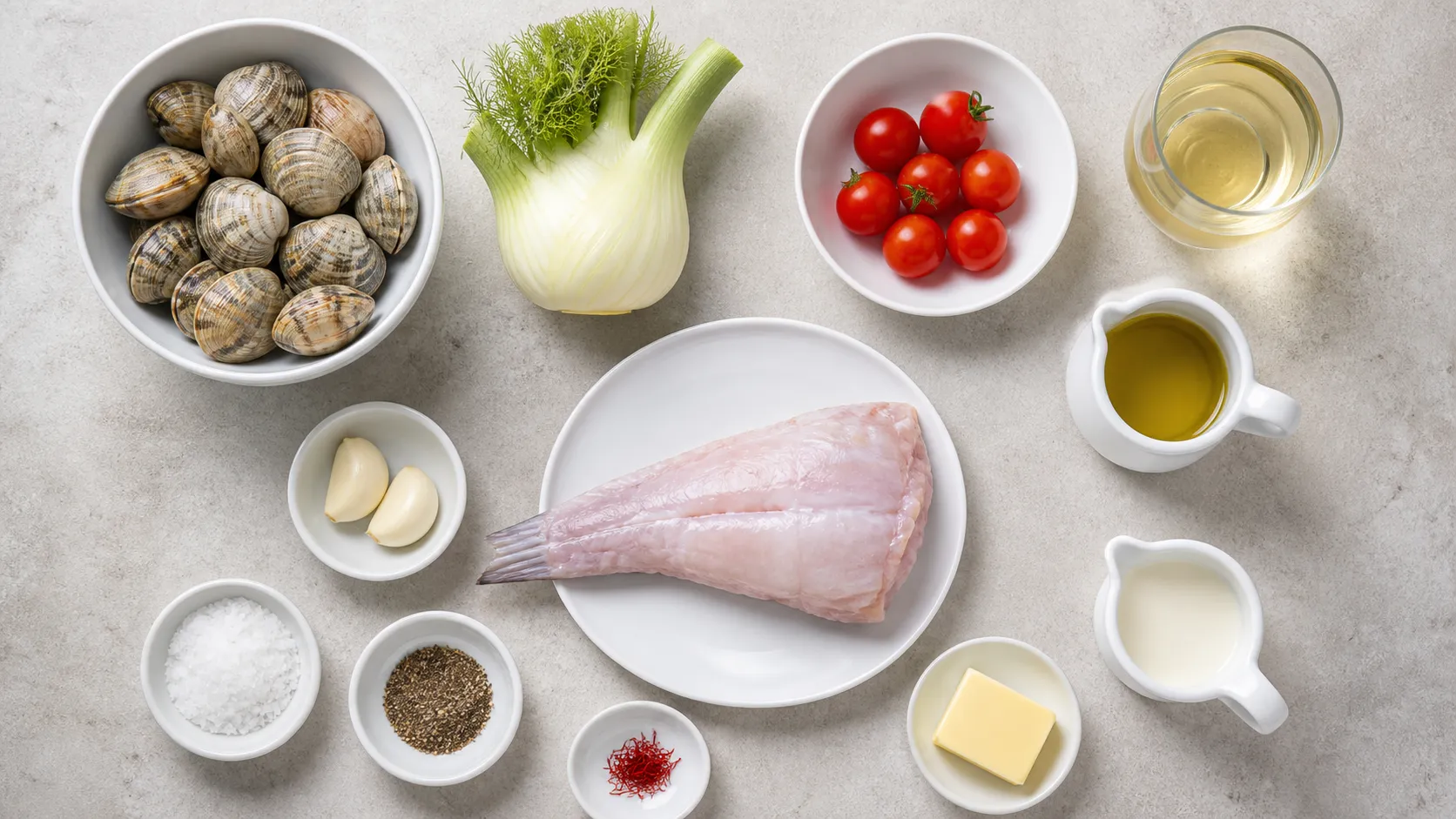 Zutaten für Keto-Seeteufel: Seeteufelfilet, Venusmuscheln, Fenchel, Cherry-Tomaten, Knoblauchzehen, Safran und Sahne