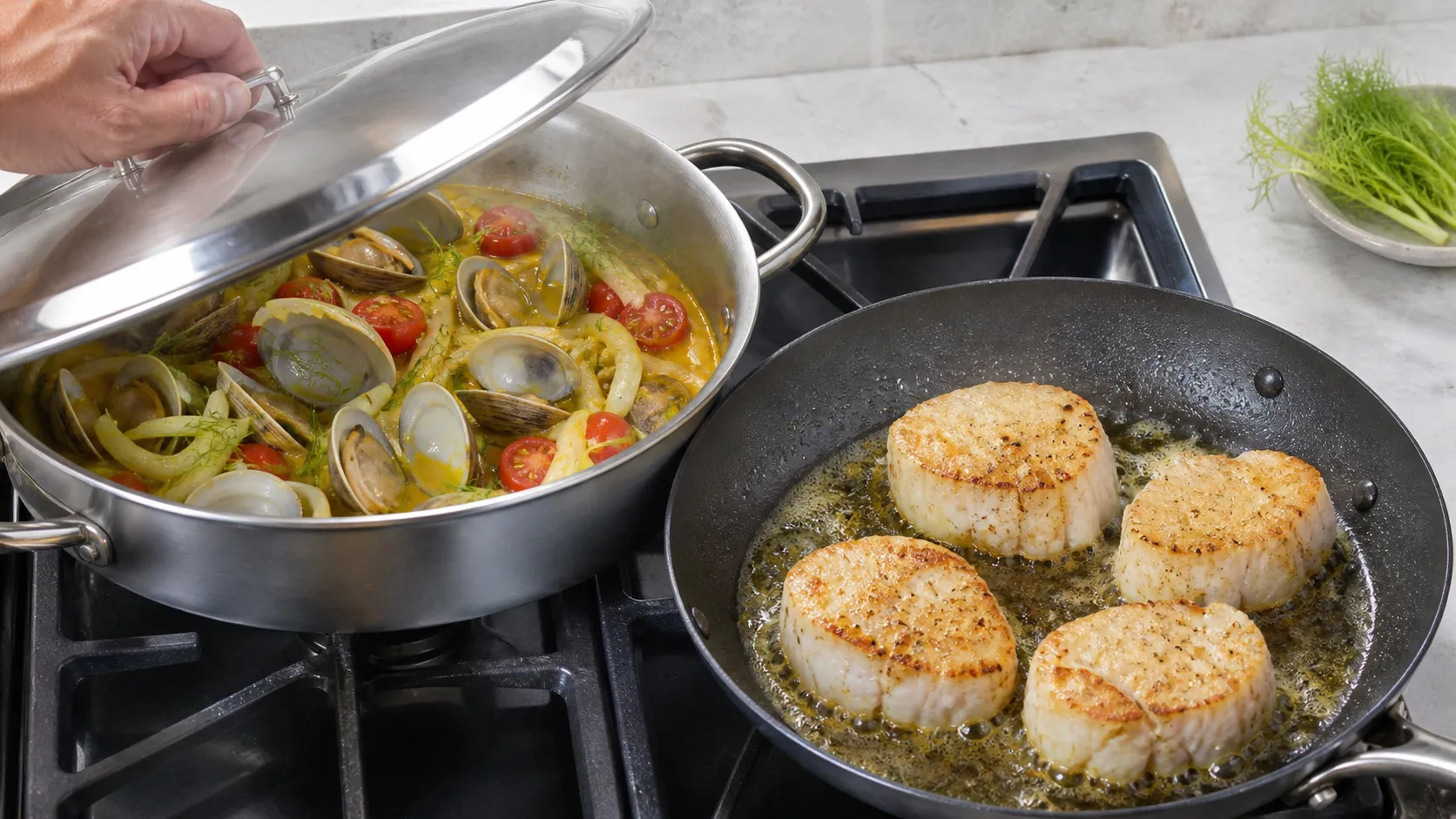 Venusmuscheln öffnen sich in einem Topf mit Fenchel und Safransud, daneben Seeteufel-Medaillons in einer Pfanne