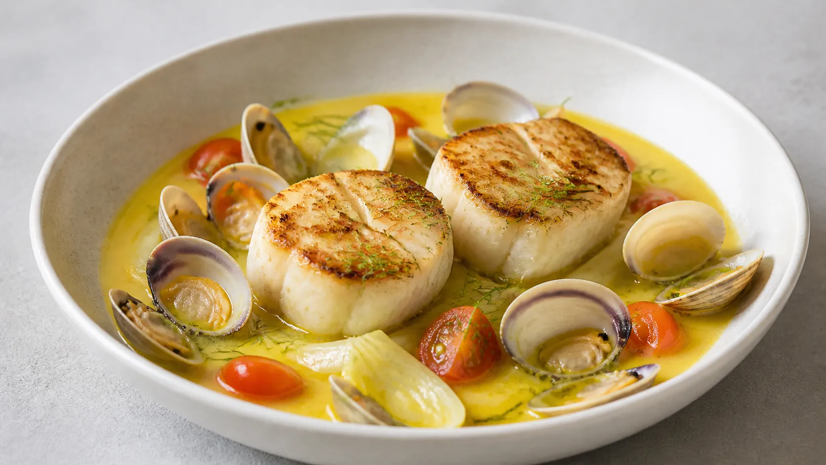 Seeteufel-Medaillons mit geöffneten Venusmuscheln in gelbem Safran-Fenchel-Sud in einem tiefen Teller