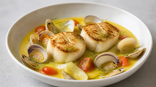 Seeteufel-Medaillons mit geöffneten Venusmuscheln in gelbem Safran-Fenchel-Sud in einem tiefen Teller