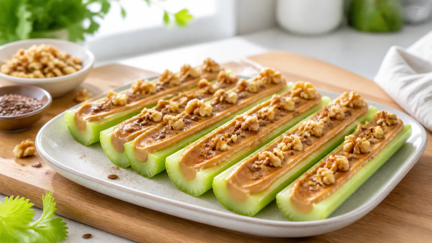 Keto Sellerie-Erdnussbutter-Sticks auf einem Holzbrett, gefüllt mit Erdnussbutter und bestreut mit Leinsamen