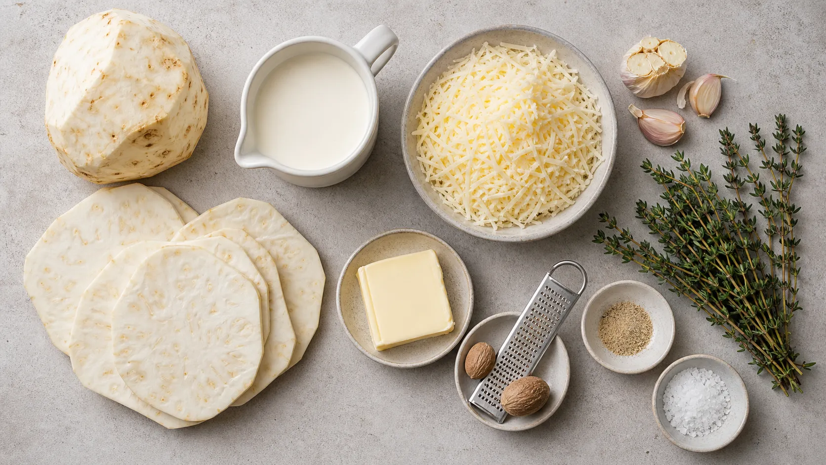 Zutaten für Keto-Sellerie-Gratin: Knollensellerie, Sahne, Greyerzer, Knoblauch, Butter, Thymian und Muskat