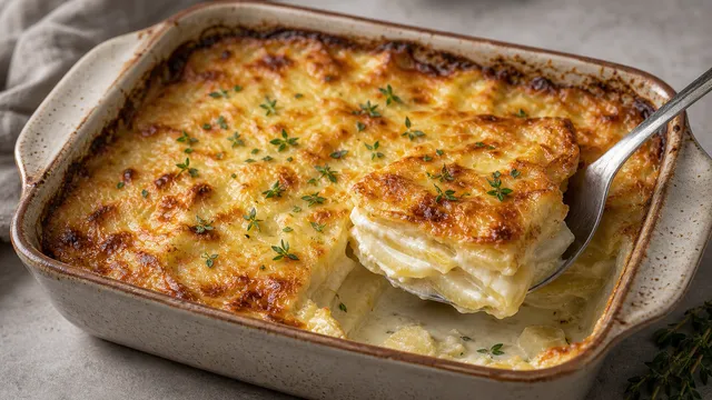 Goldbraunes Keto-Sellerie-Gratin mit Sahne, Greyerzer und sichtbaren Schichten aus Knollensellerie
