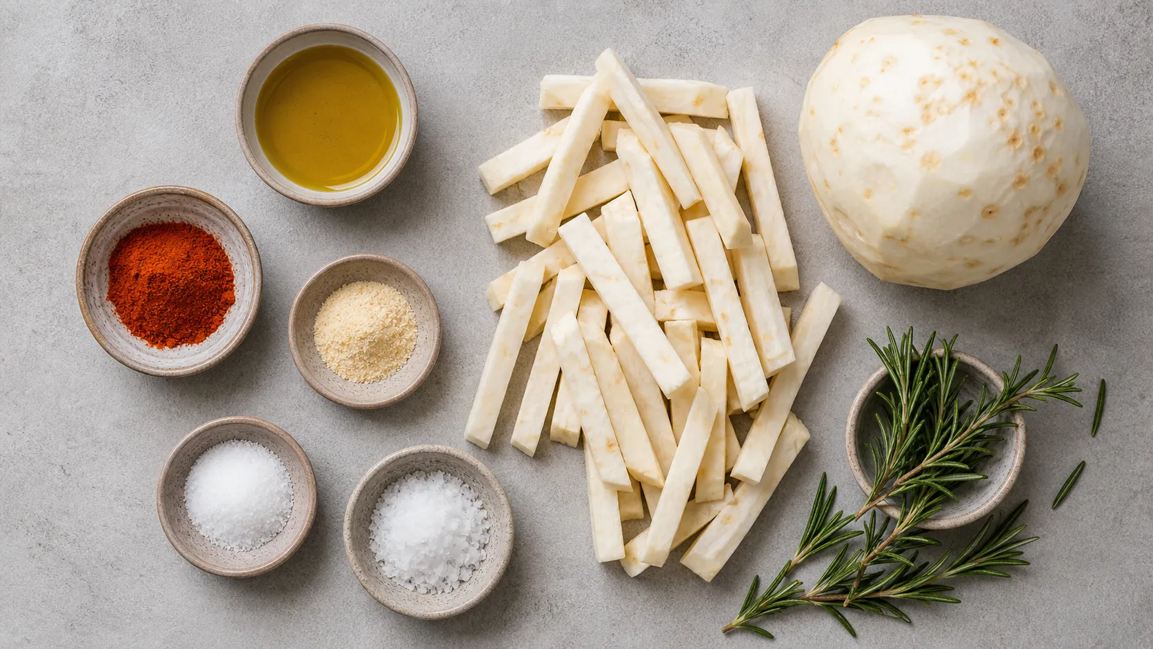Zutaten für Keto-Sellerie-Pommes: Knollensellerie, Olivenöl, Paprikapulver, Knoblauchpulver, Salz und Rosmarin