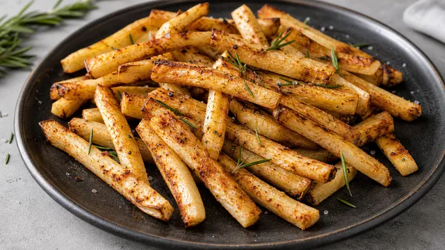 Goldbraune Keto-Pommes aus Knollensellerie mit Paprika, grobem Salz und Rosmarin aus dem Ofen