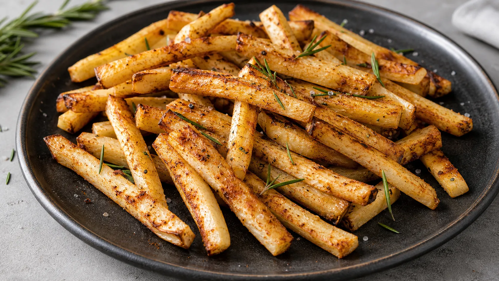Goldbraune Keto-Pommes aus Knollensellerie mit Paprika, grobem Salz und Rosmarin aus dem Ofen