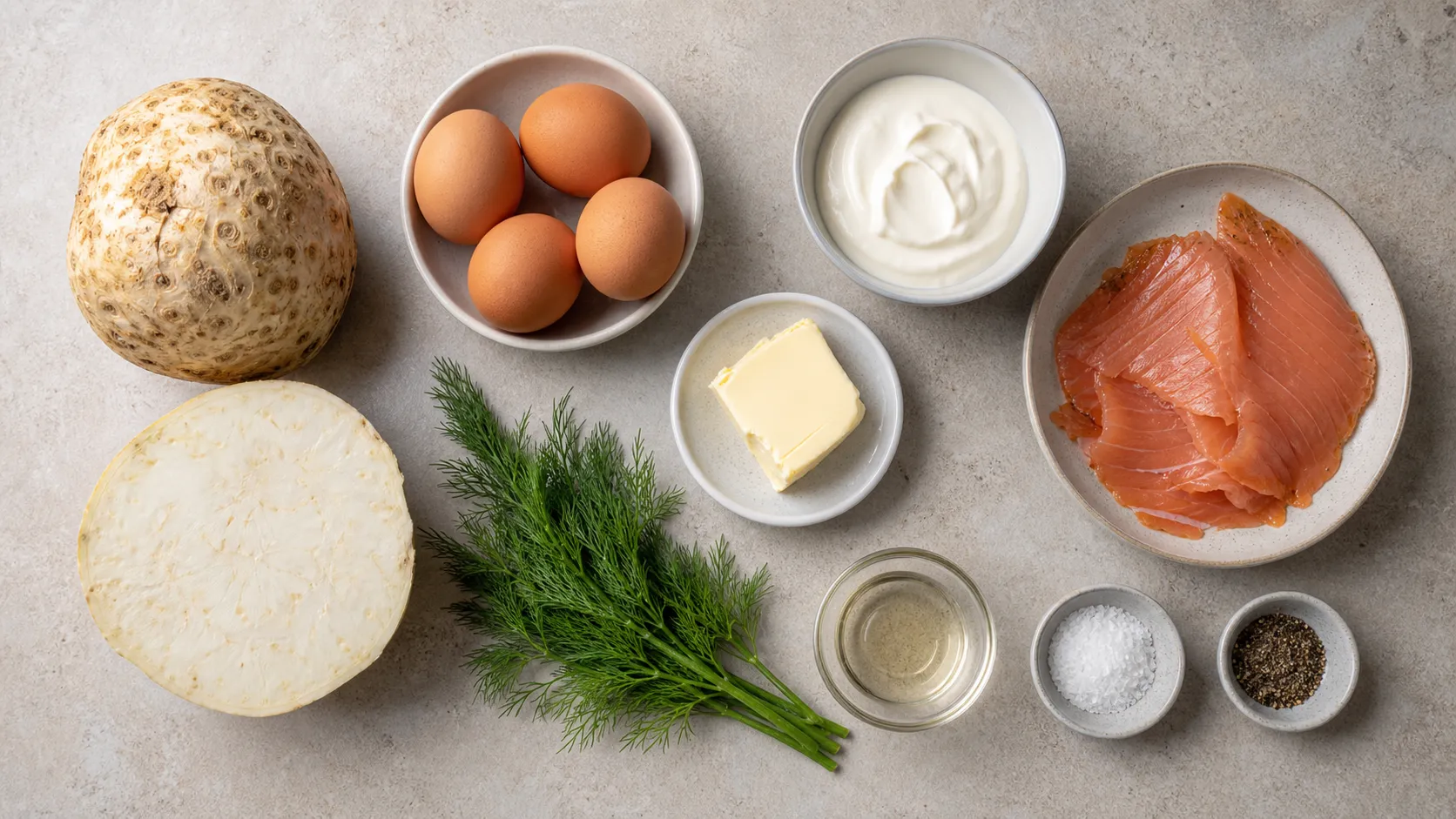 Zutaten für Keto Sellerie-Rösti: Knollensellerie, Eier, Räucherforelle, Crème fraîche und Dill