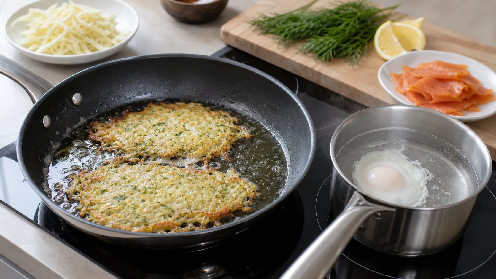 Geraspelter Sellerie brät als Rösti in der Pfanne, während ein Ei im Wasser pochiert