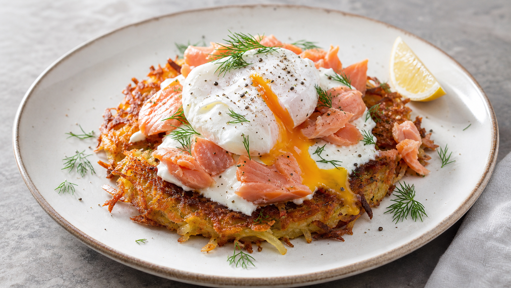Keto Sellerie-Rösti mit Räucherforelle, pochiertem Ei und Dill auf einem Teller