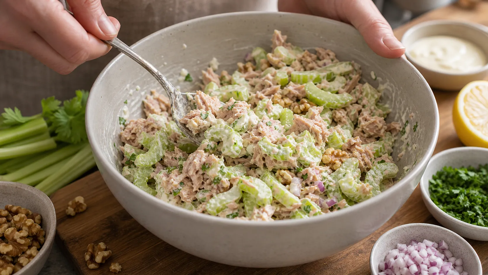 Geschnittener Staudensellerie und Thunfisch werden mit cremigem Dressing in einer Schüssel vermengt