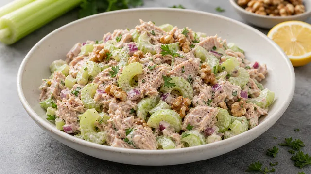 Keto-Sellerie-Thunfisch-Salat mit knackigem Staudensellerie, Thunfisch, Walnüssen und cremigem Dressing in einer Schale