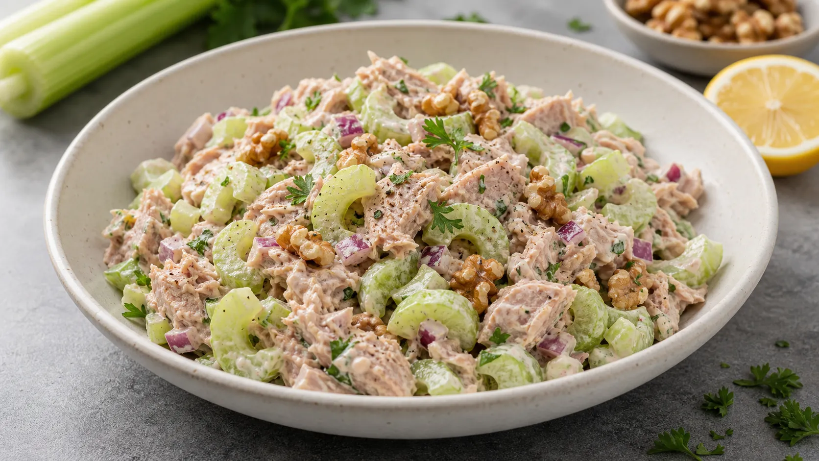 Keto-Sellerie-Thunfisch-Salat mit knackigem Staudensellerie, Thunfisch, Walnüssen und cremigem Dressing in einer Schale