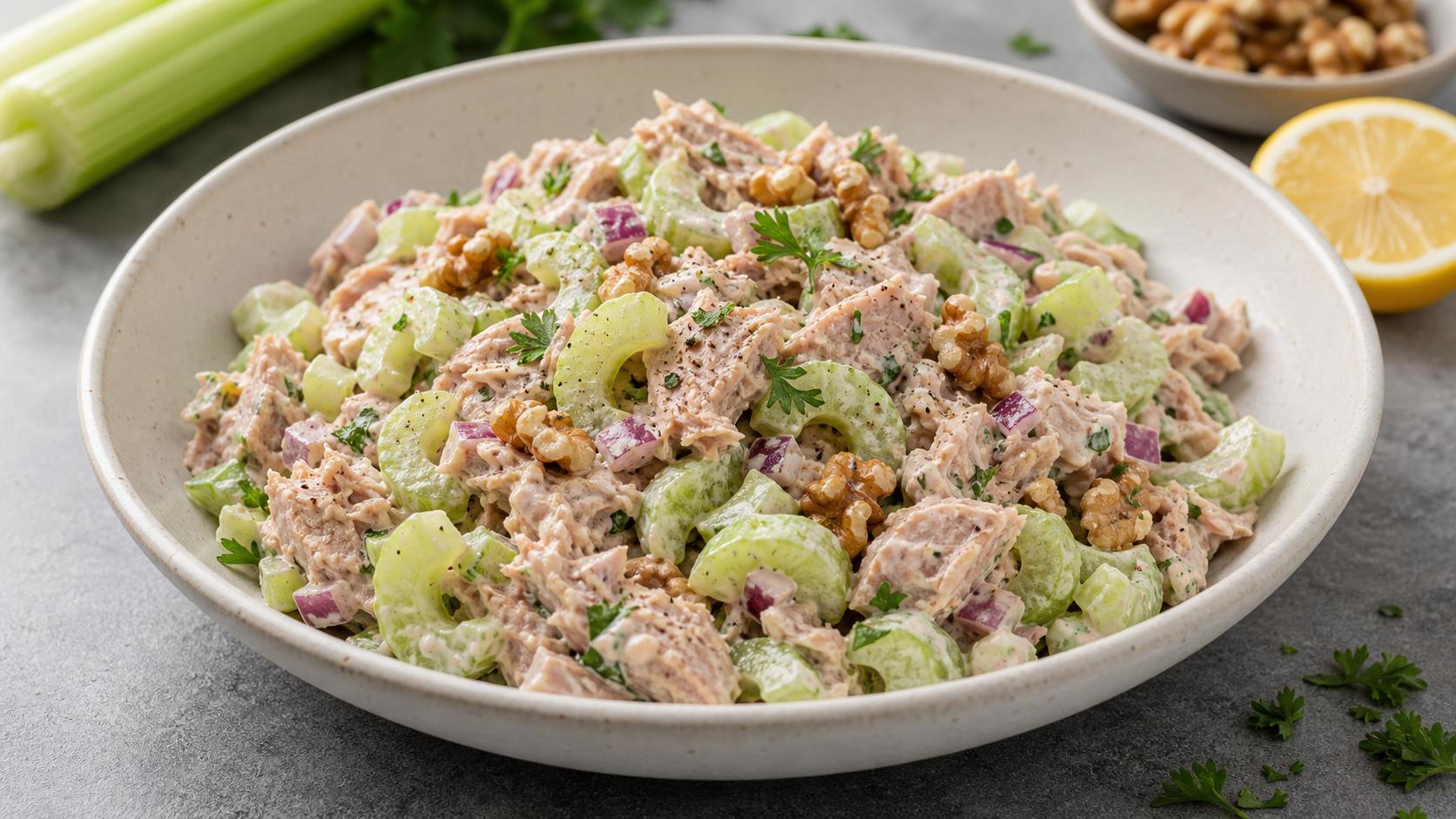 Keto-Sellerie-Thunfisch-Salat mit knackigem Staudensellerie, Thunfisch, Walnüssen und cremigem Dressing in einer Schale