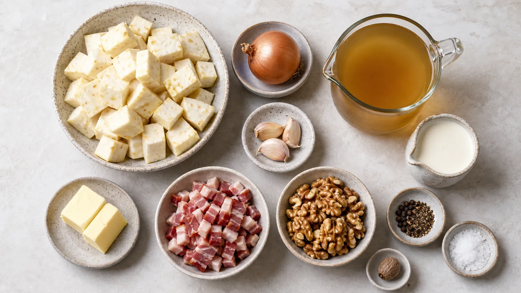 Zutaten für Keto-Selleriecremesuppe: Knollensellerie, Zwiebel, Sahne, Walnüsse und Speck