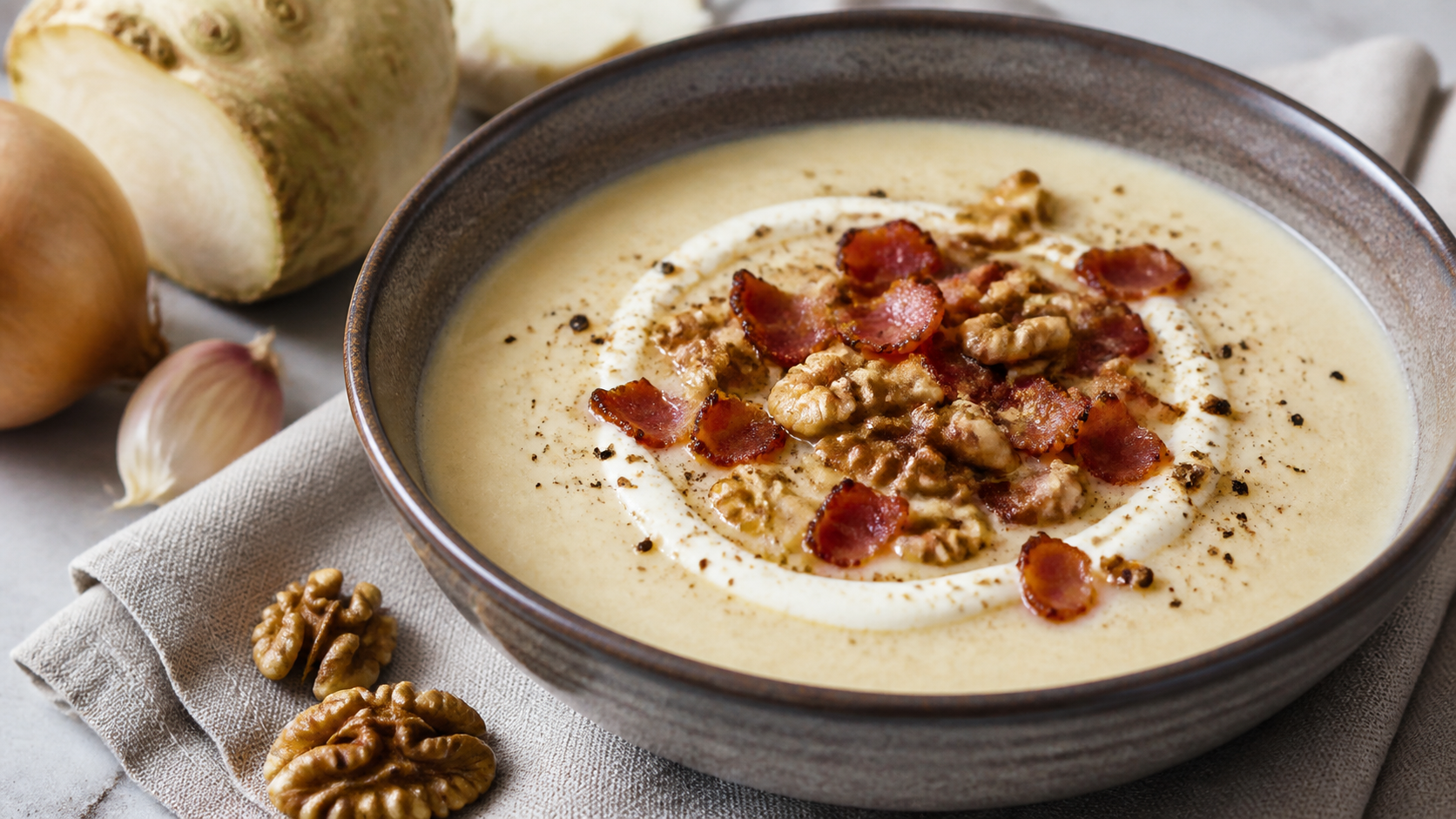 Cremige Keto-Selleriecremesuppe mit gerösteten Walnüssen, knusprigem Speck und Sahnehäubchen in einer Schale